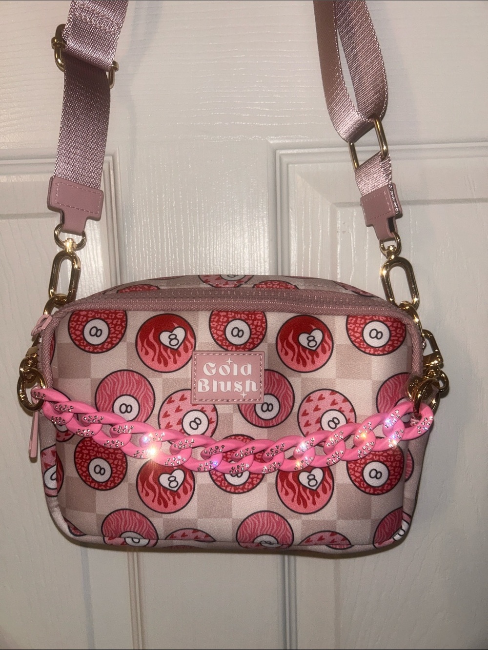Gold Blush “Bestie Bag”, adjustable cross body purse, with removable pink chain